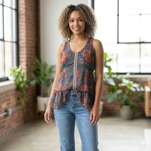 Vtg Y2K Decree Floral Mesh Babydoll Tank Top L Hook Eye Front Tiered Ruffle Boho